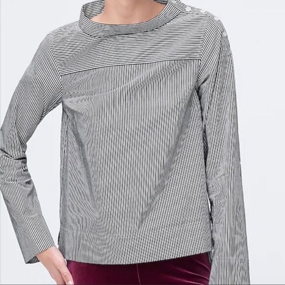 J. CREW Funnel Neck Stripe Cotton Poplin Hi-Low Blouse Sz 2 - Picture 1 of 16